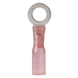 Red insulated ring terminal connector for wiring.