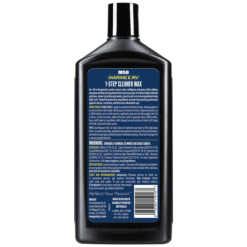 Meguiar's Marine RV 1-Step Cleaner Wax bottle back label.