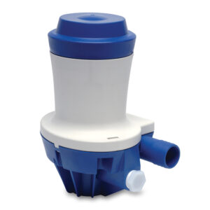 Marine bilge pump with blue and white design