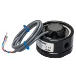 Black industrial flow meter with cable attached.