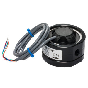 Black industrial flow meter with cable attached.