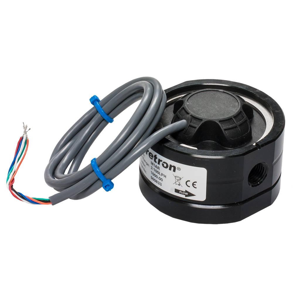 Black industrial flow meter with cable attached.