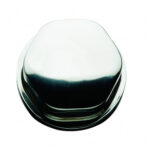 Shiny chrome wheel hub cap on white background.