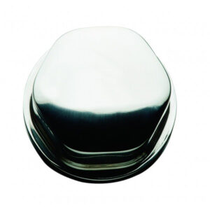 Shiny chrome wheel hub cap on white background.