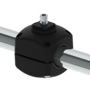 Black plastic pipe connector with metal screw.