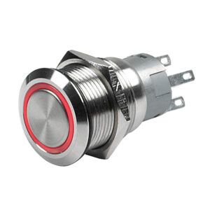 Silver metal push button switch with red ring.