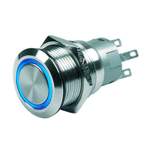 Metal push button switch with blue LED ring.