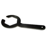 Metal spanner wrench on white background.