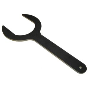 Large black spanner wrench on white background.
