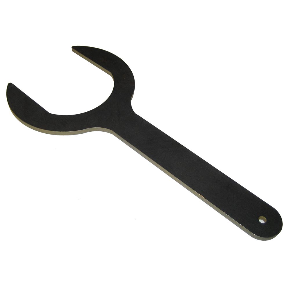 Large black spanner wrench on white background.