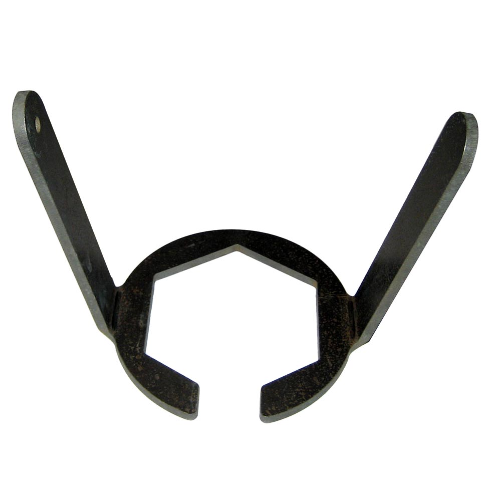 Metal tool with hexagonal opening and two arms.