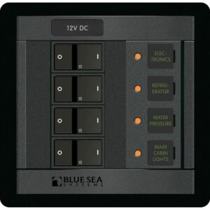 12V DC electrical panel with switches and labels.