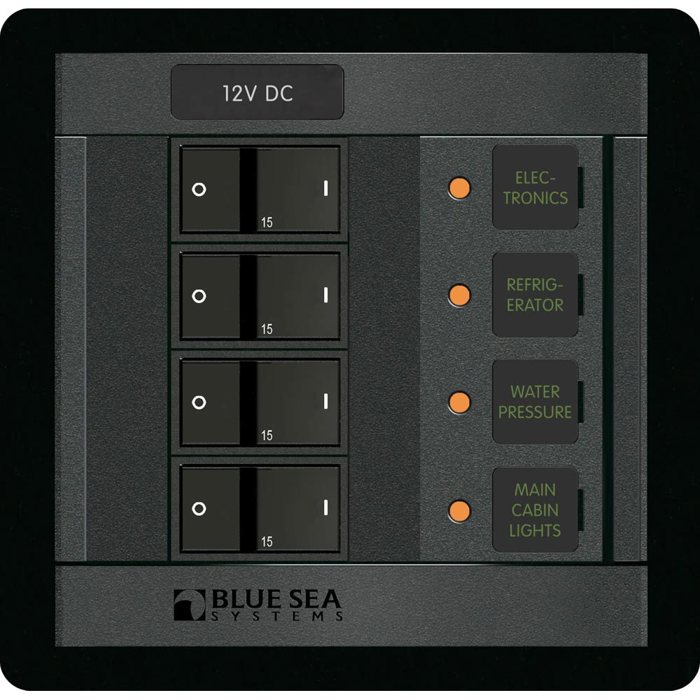 12V DC electrical panel with switches and labels.