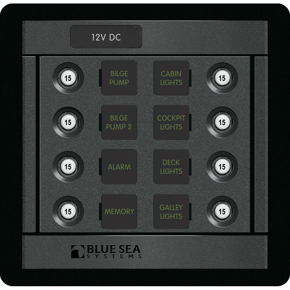 12V DC electrical panel with circuit breakers.