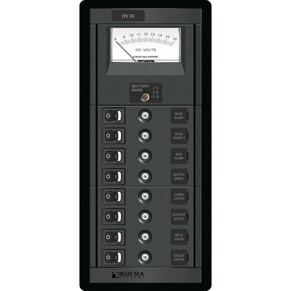Marine electrical panel with voltmeter and switches.