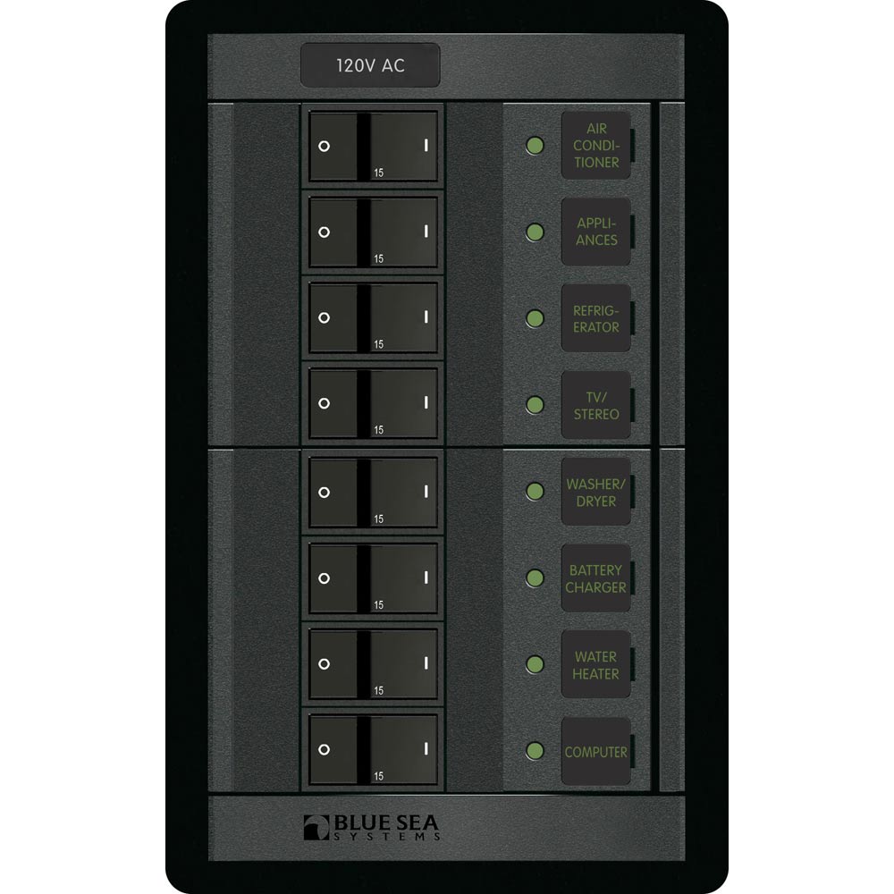 120V AC breaker panel with labeled switches.