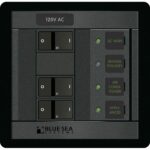 Blue Sea Systems electrical panel, 120V AC switches.