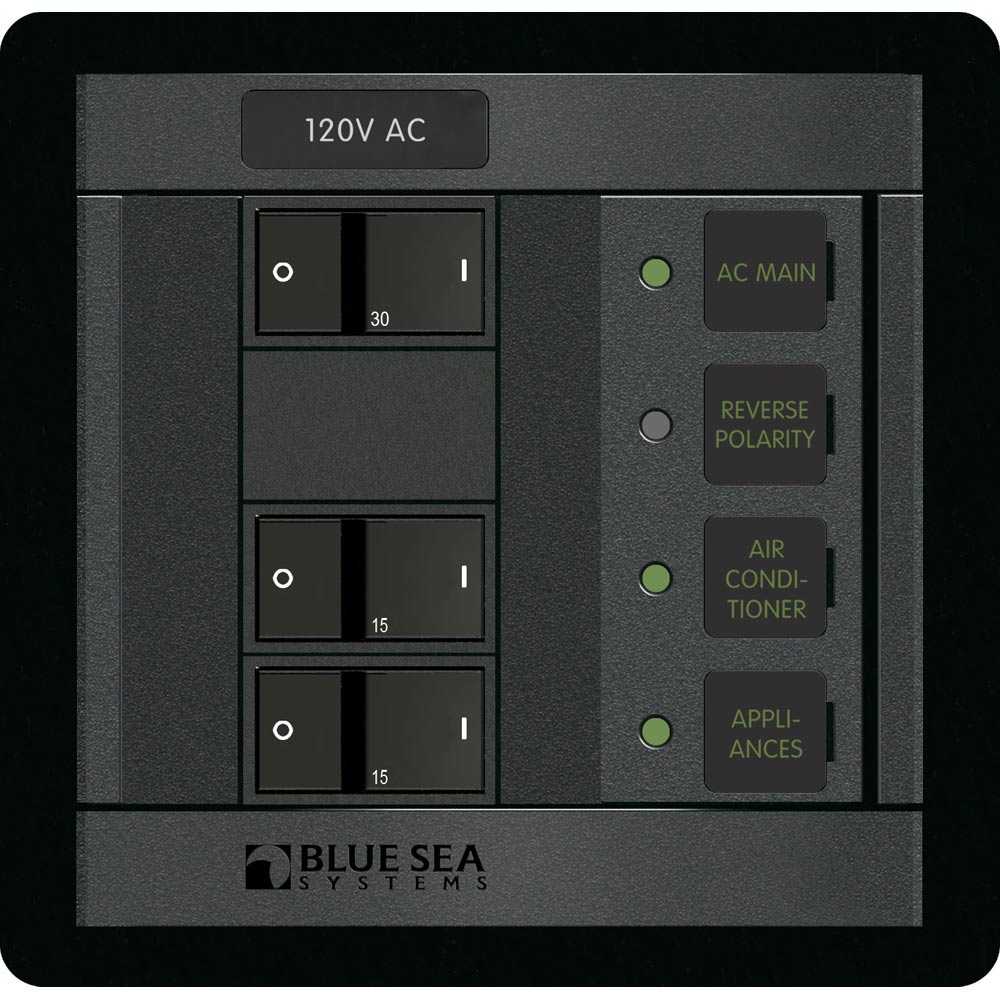 Blue Sea Systems electrical panel, 120V AC switches.