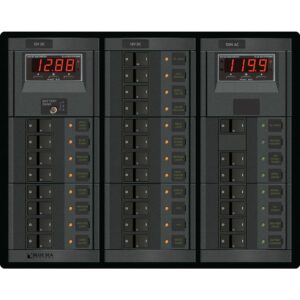 Electrical control panel with switches and meters.