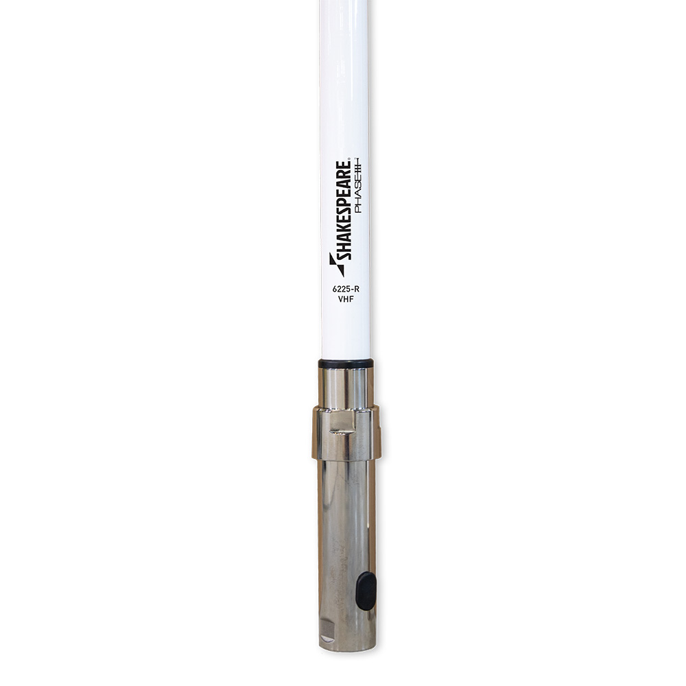 White VHF marine antenna with stainless steel base.