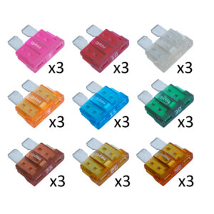 Colorful car fuses assortment, nine types, labeled in amps.