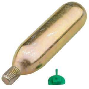 Metal CO2 cartridge and green valve adapter.