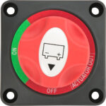 Red battery switch with on and off positions.