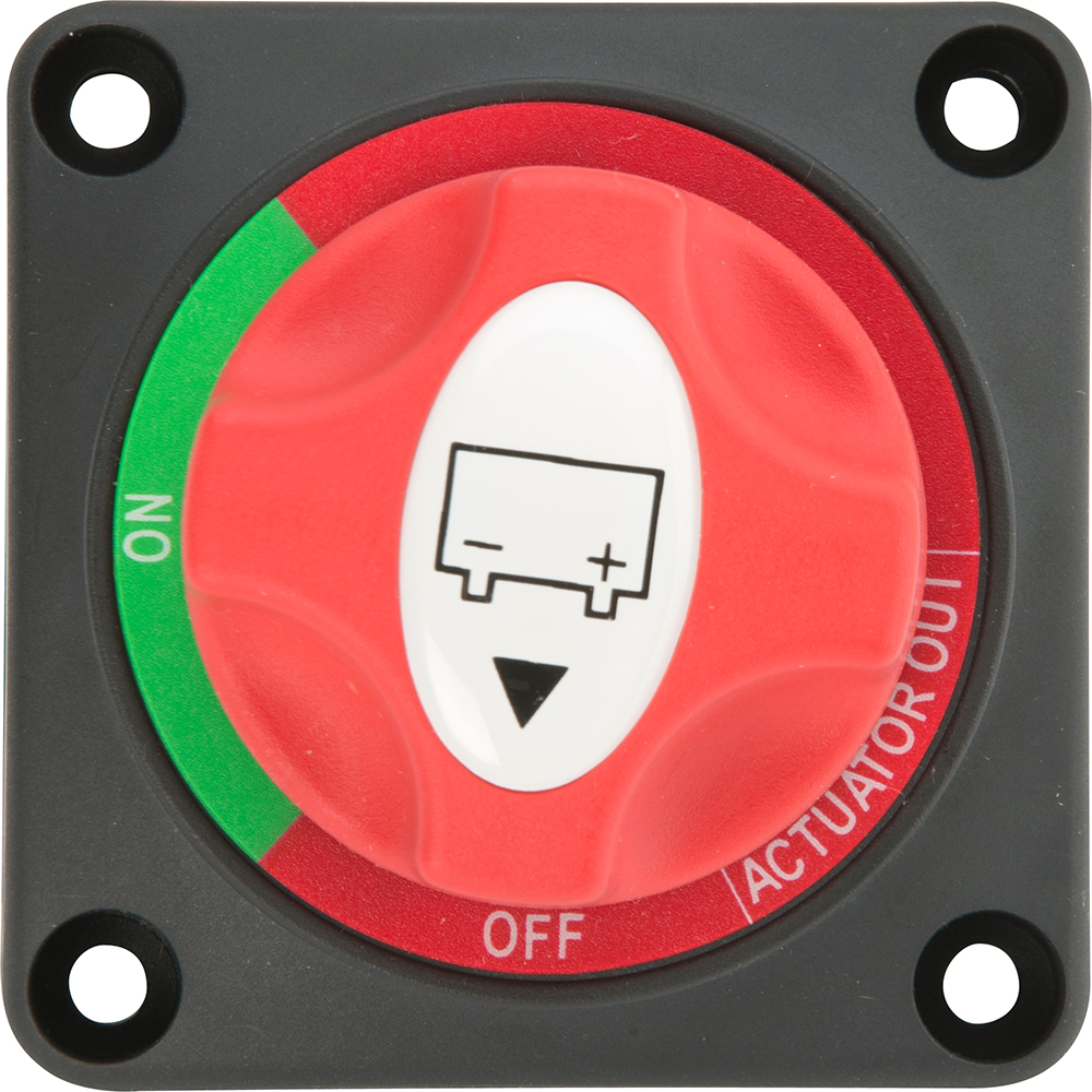 Red battery switch with on and off positions.