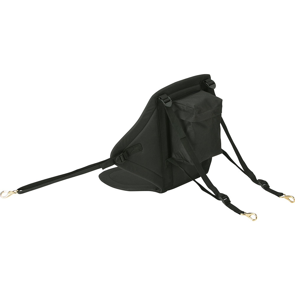 Black horse saddle with straps and pouch.