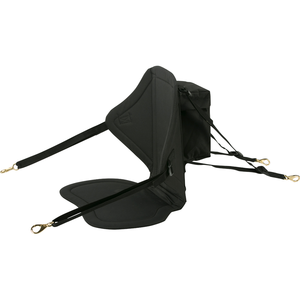 Black kayak seat with adjustable straps and buckles.