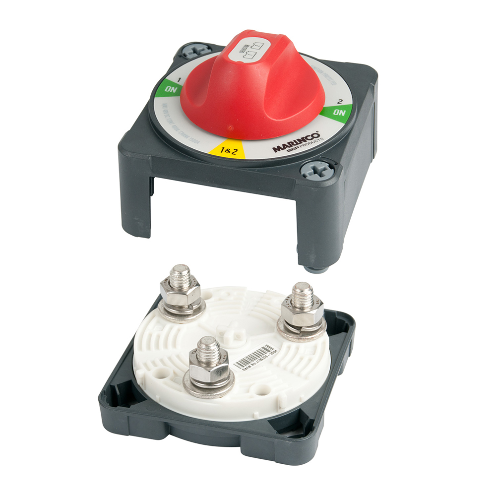 Red battery isolator switch on white background.
