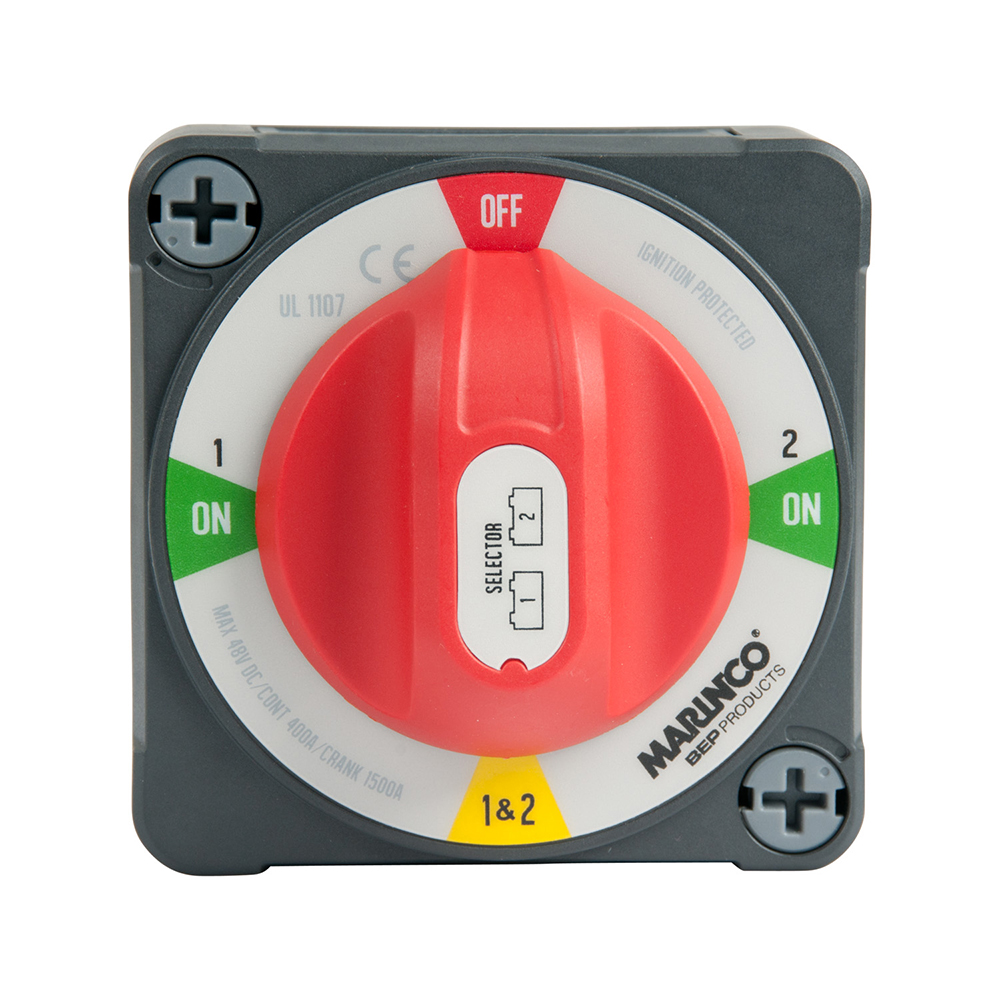 Boat battery selector switch with red dial.