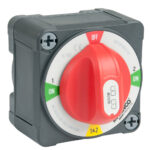Red rotary switch with on and off positions.