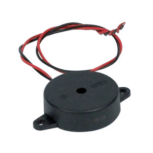 Black electronic buzzer with red and black wires