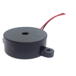 Black piezoelectric buzzer with wires.