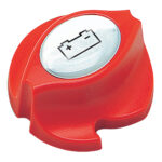 Red battery terminal cover with icon