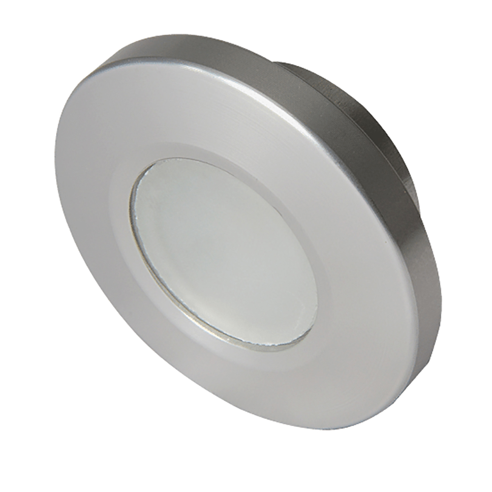 Circular LED ceiling light fixture, silver finish.