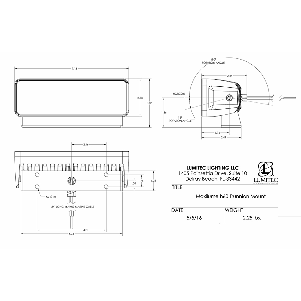 Technical drawing of Maxillume h60 Trunnion Mount light