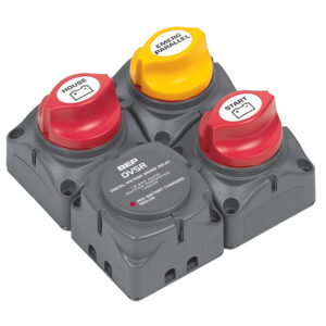 Red and yellow power switch panel with labels