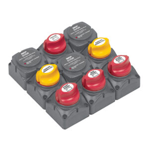 Battery switches with red and yellow dials.