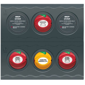 Battery switch panel with various controls and labels.