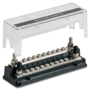 Marine electrical bus bar with protective cover.