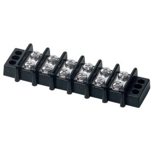 Black terminal block with multiple screw connectors.