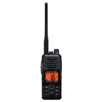 Black handheld two-way radio with antenna.