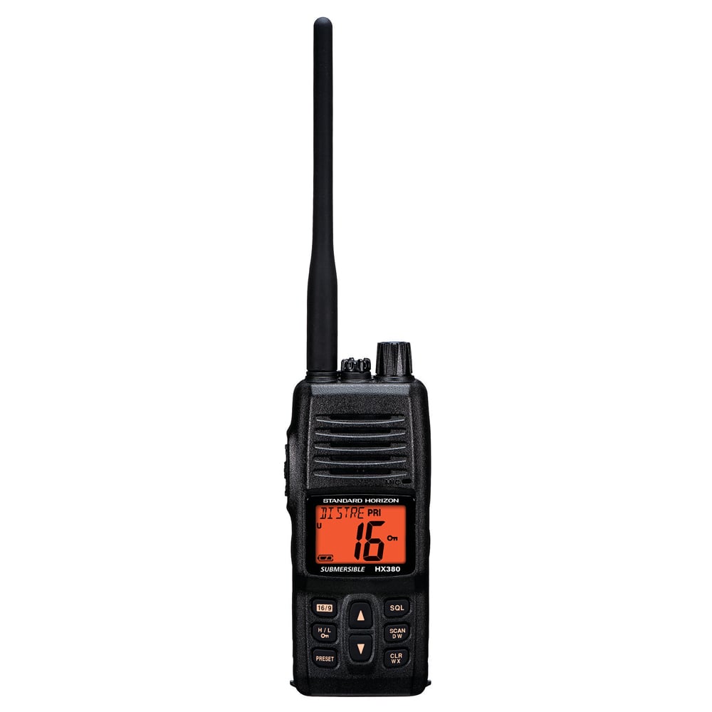 Black handheld two-way radio with antenna.