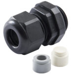 Black cable gland with two round seals.