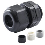 Plastic cable gland with three sealing inserts.