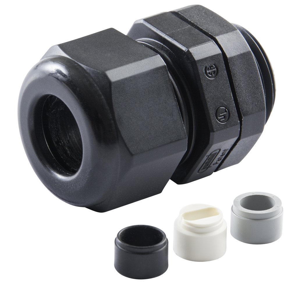 Plastic cable gland with three sealing inserts.