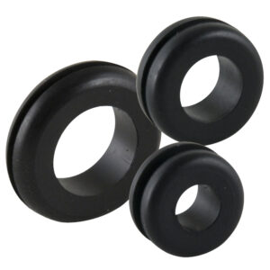 Three black rubber grommets, different sizes.