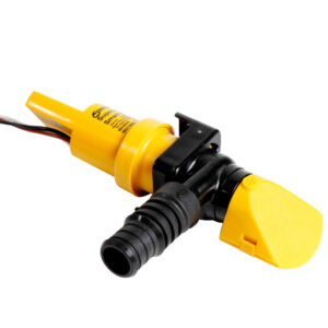 Yellow sump pump switch with wires.